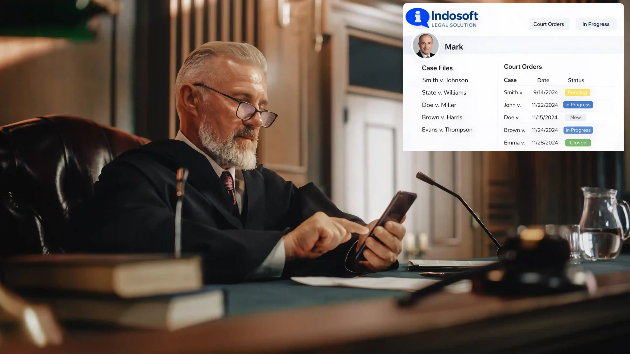 Judge on a break uses Indosoft’s AI legal solution to communicate with lawyers and staff, checking case progress and court updates securely. A judge during a coffee break uses Indosoft’s AI-powered legal communication platform to securely connect with law personnel and review court orders.