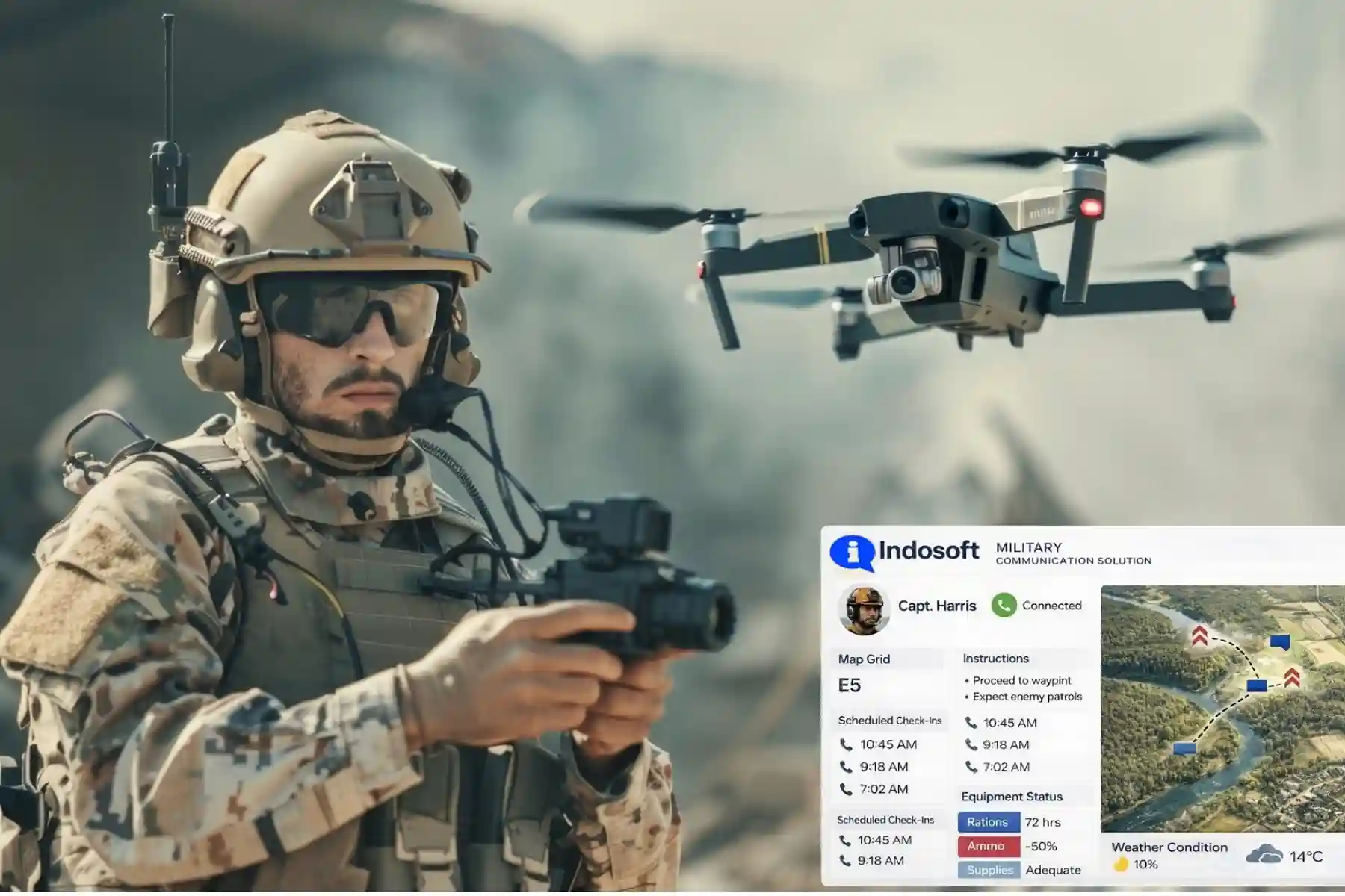 A soldier remotely pilots a drone on the battlefield, relying on VitalVox’s secure communication system to maintain constant contact with command. A soldier operates a drone on the battlefield while using Indosoft's military communication solution to stay securely connected with the base