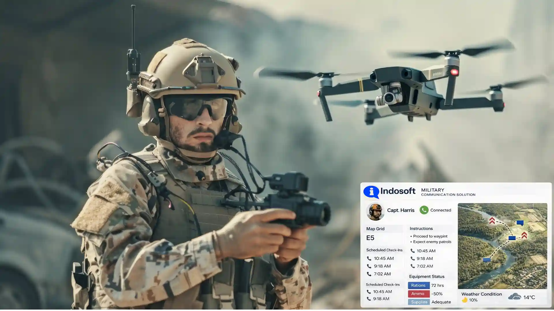 A soldier remotely pilots a drone on the battlefield, relying on VitalVox’s secure communication system to maintain constant contact with command. A soldier operates a drone on the battlefield while using Indosoft's military communication solution to stay securely connected with the base