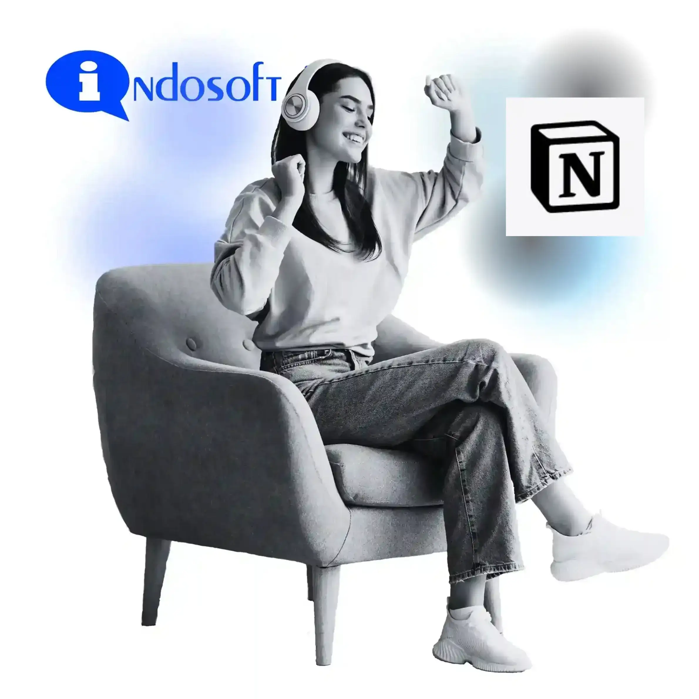 A woman enjoying audio with her eyes closed and arms raised slightly, reinforcing the theme of Indosoft offering a more relaxing, effortless communication experience than Yodel. Woman relaxing in a chair with headphones, symbolizing the ease and control Indosoft provides compared to Notion.