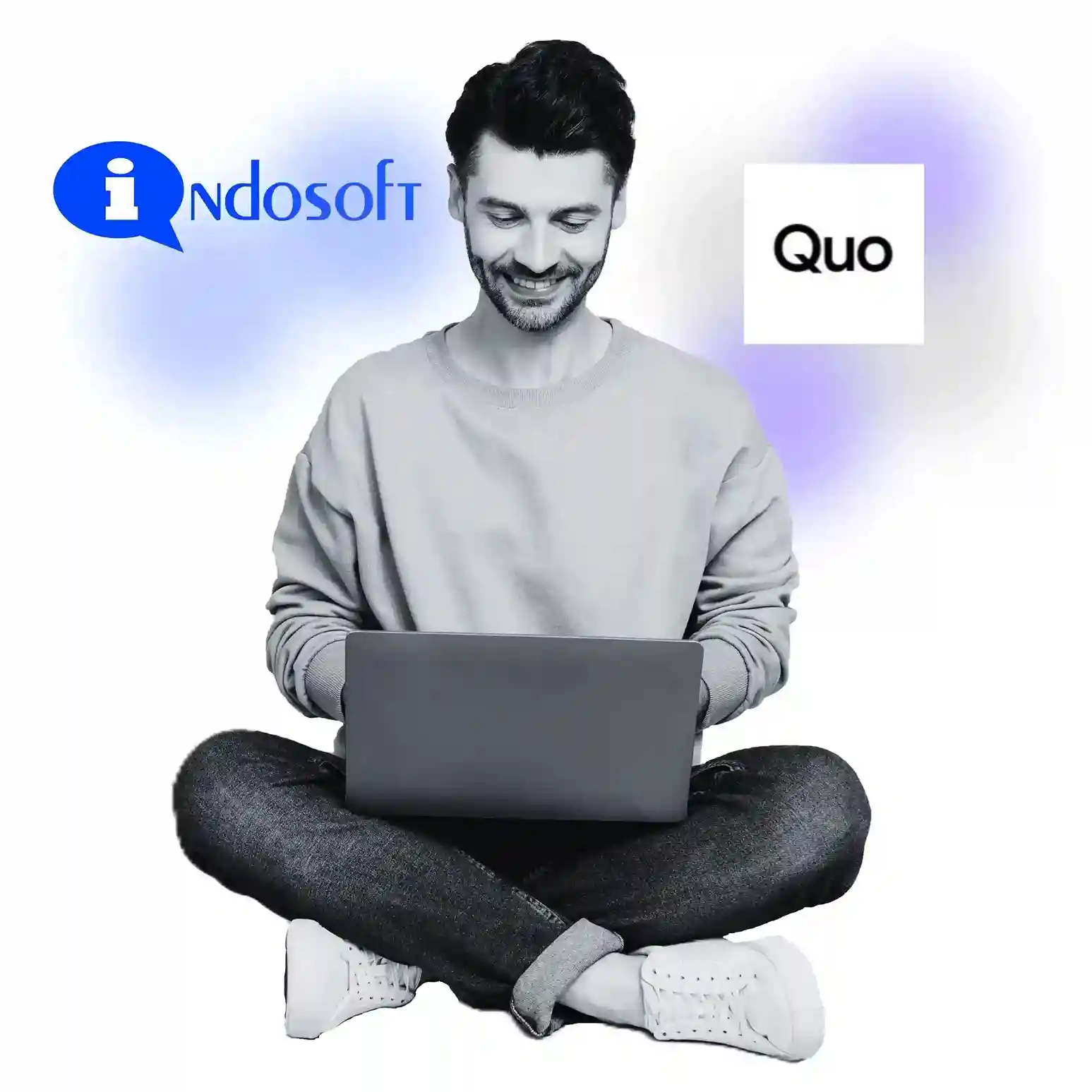 Person browsing on a laptop with Indosoft and OpenPhone graphics, highlighting the Indosoft vs. OpenPhone decision point. Man using a laptop with Indosoft and Quo logos in the background, representing the Indosoft vs. Quo comparison.