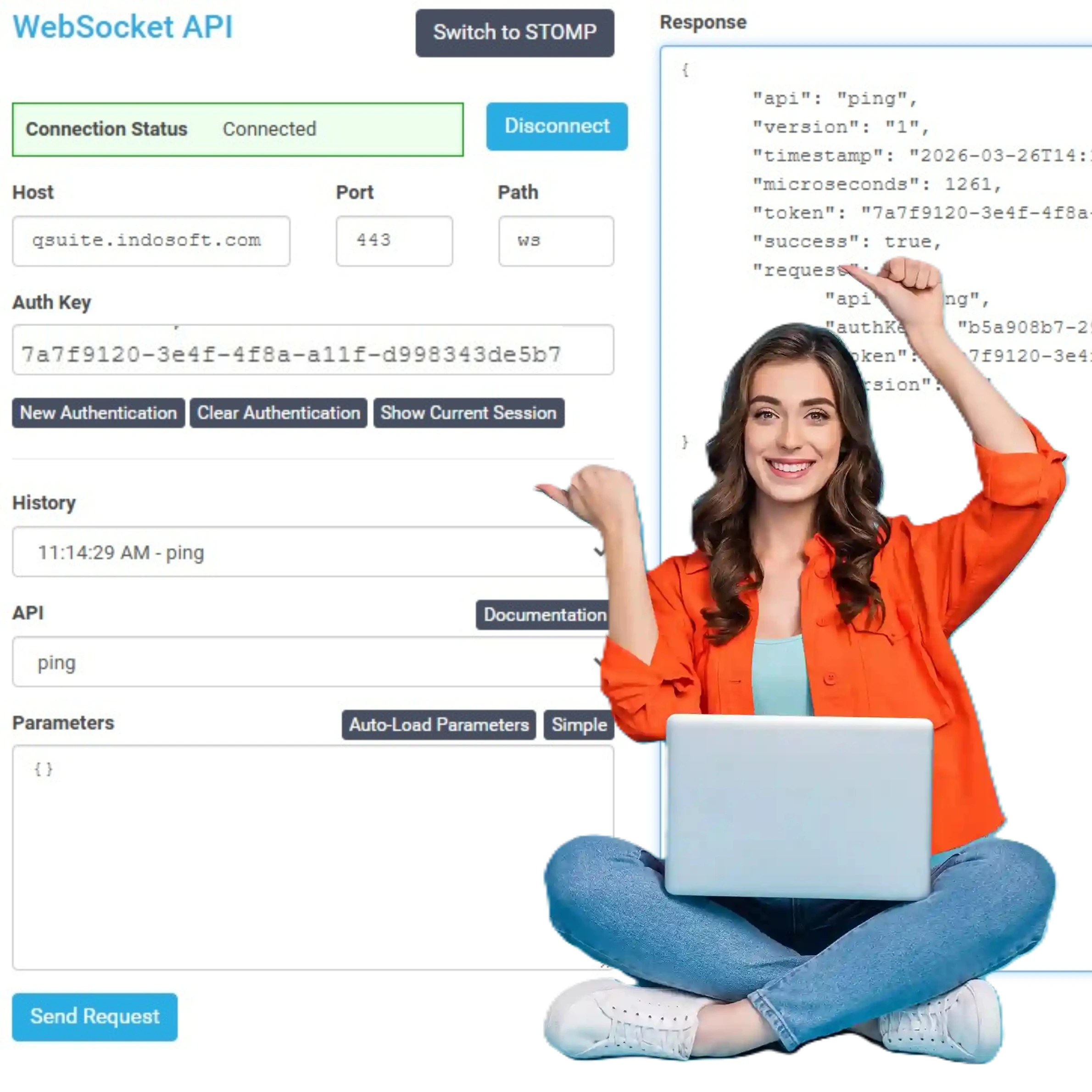 Developer using Indosoft’s API testing interface to ensure smooth communication between integrated systems. Female developer testing APIs on her laptop using Indosoft’s developer platform to validate performance and integration quality.