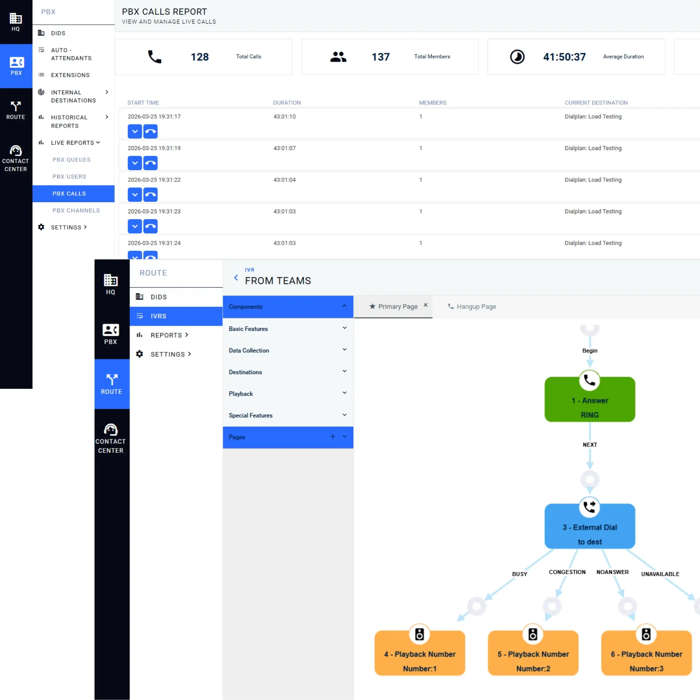 A cheerful woman in a green hoodie works from a blue armchair on her laptop, using Indosoft’s cloud-native, API-first stack to build adaptable, future-ready apps. A split-screen view of the Q-Suite NG interface showing the PBX Calls Report dashboard with live call data alongside the IVR visual flow builder with call routing logic.