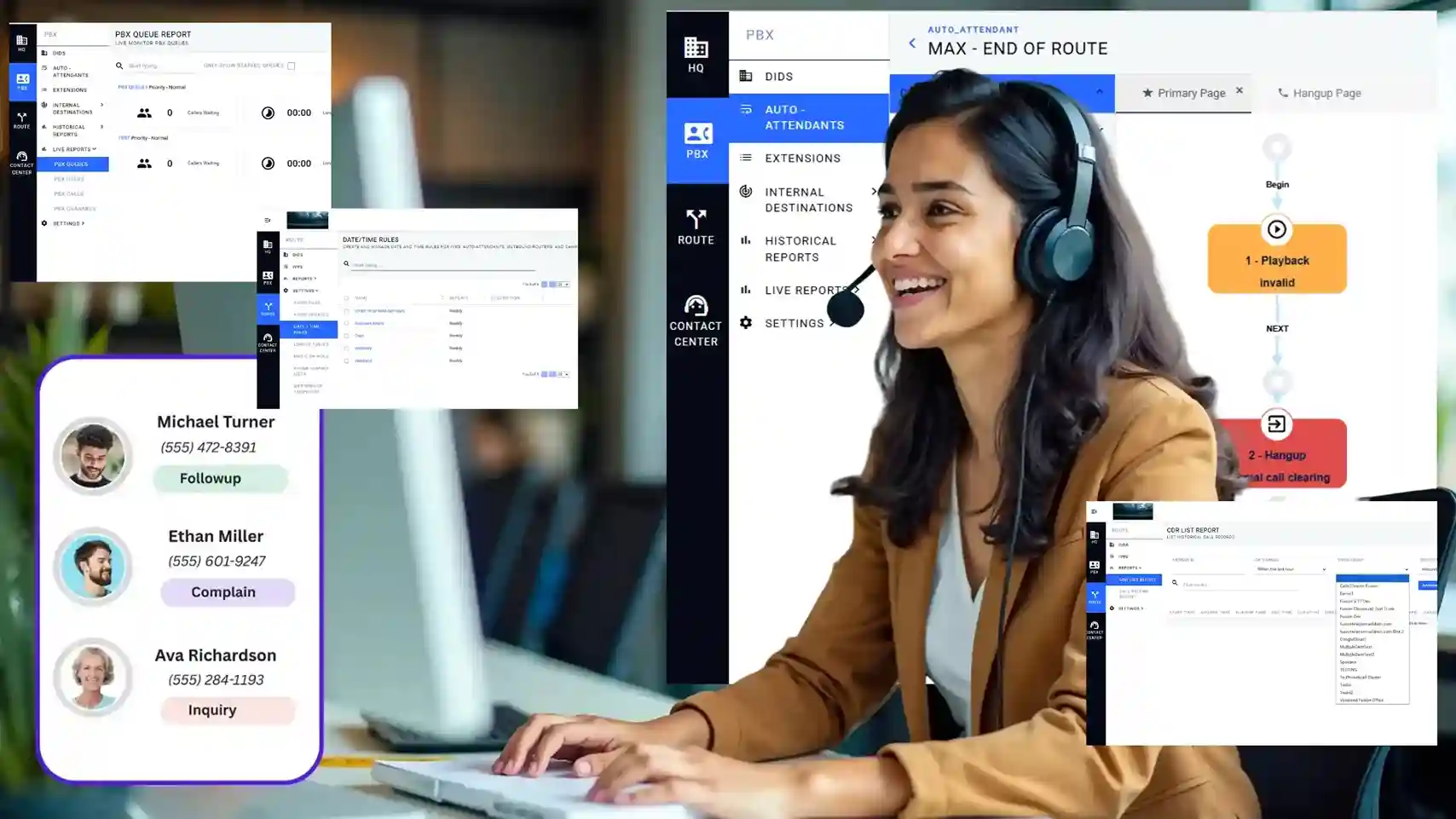 Smiling call center agent working with Indosoft’s AI-enhanced dashboard displaying caller profiles and categorized interactions—showcasing tools like automated workflows, intelligent routing, and agent-performance optimization. Call center agent using Indosoft’s intelligent contact center platform, with an on-screen panel showing caller details and call categories such as follow-up, complaint, and inquiry, demonstrating smart routing and real-time agent assist capabilities.