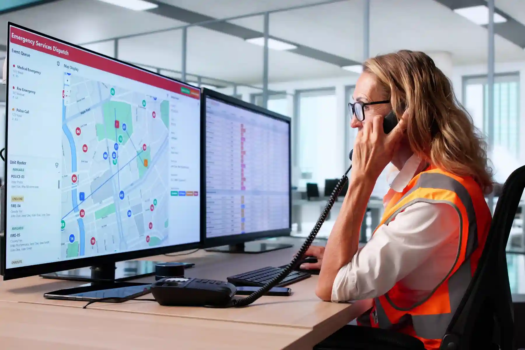 Indosoft unifies mission-critical interactions through AI-enhanced contact center capabilities designed for defense and emergency operations. By centralizing communication channels and automating routing workflows, the platform improves response times, strengthens coordination, and supports confident operational decision-making. An emergency response coordinator monitors live dispatch maps while speaking on a phone, using an integrated communication system that centralizes alerts, routes calls efficiently, and supports coordinated military response operations.