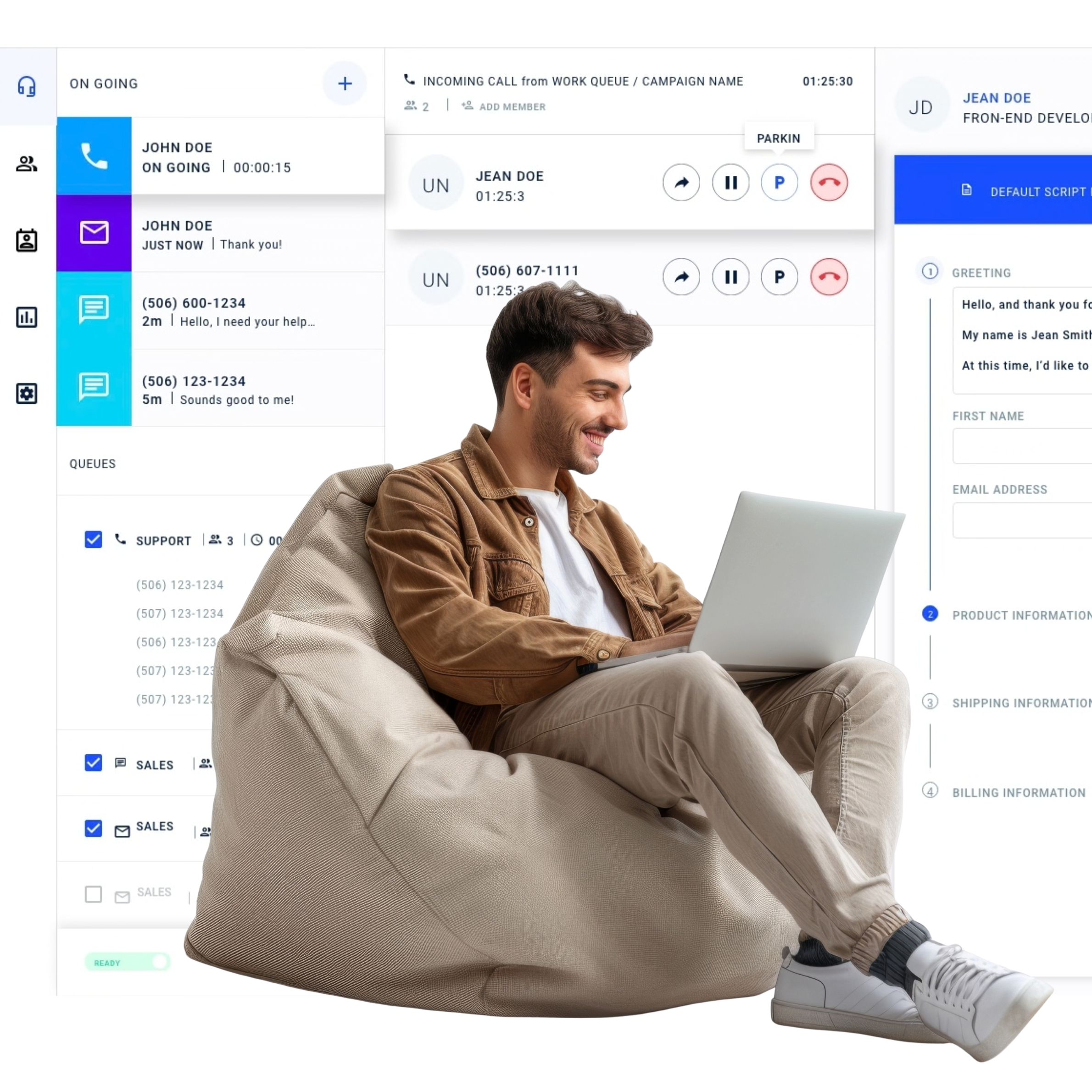 The dashboard provides live analytics on agent activity, queue load, and customer sentiment. Customer support specialist demonstrating Indosoft’s real-time contact center dashboard, showing live queue load, sentiment analysis, and agent performance insights.