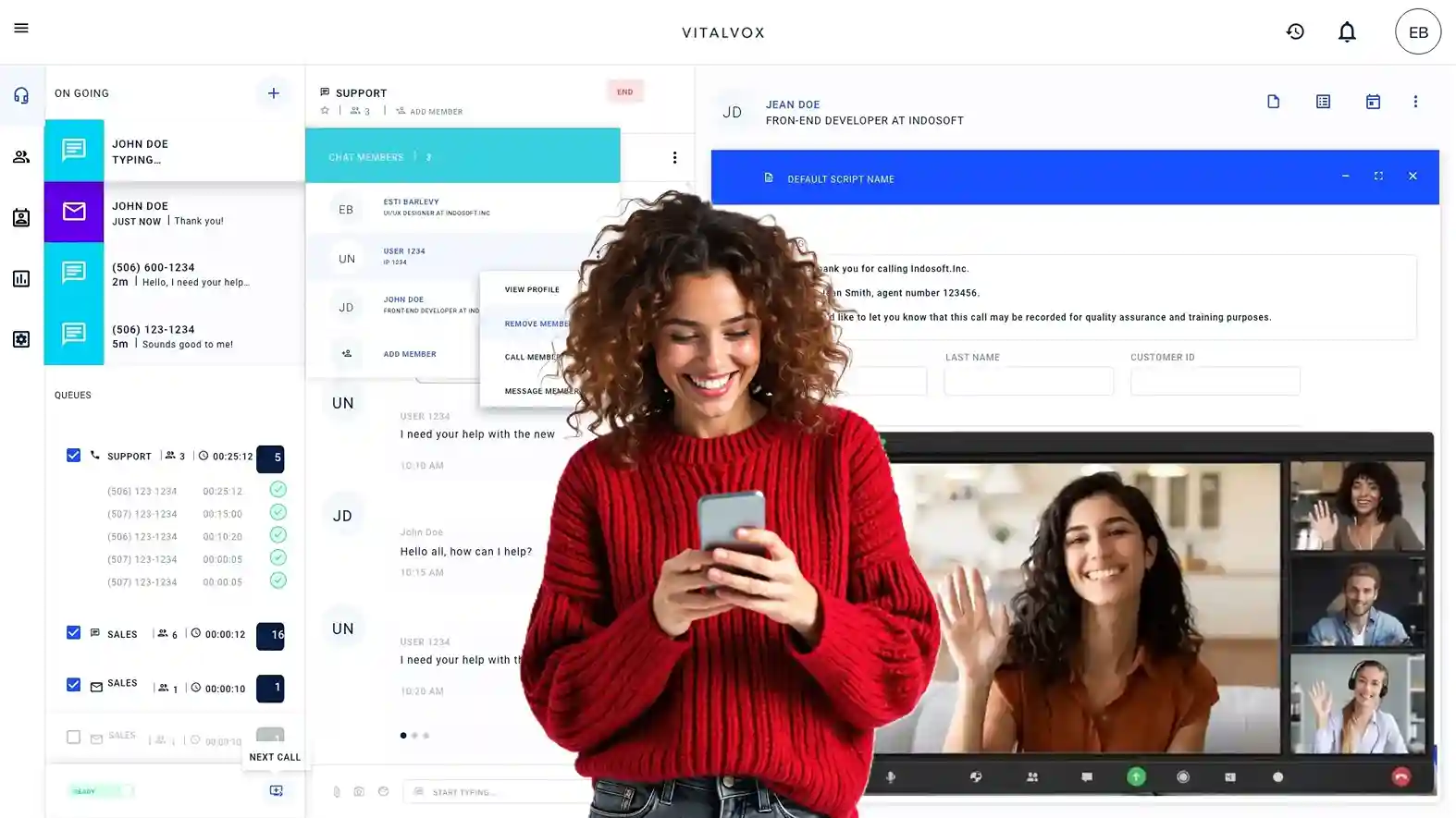 Remote client team interacting with an Indosoft specialist who showcases the platform’s CRM and omnichannel tools. A video call between Indosoft and a client team, showing unified communication features and collaboration on screen.
