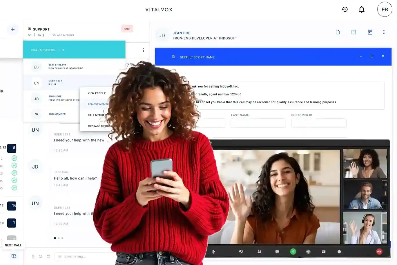 Remote client team interacting with an Indosoft specialist who showcases the platform’s CRM and omnichannel tools. A video call between Indosoft and a client team, showing unified communication features and collaboration on screen.