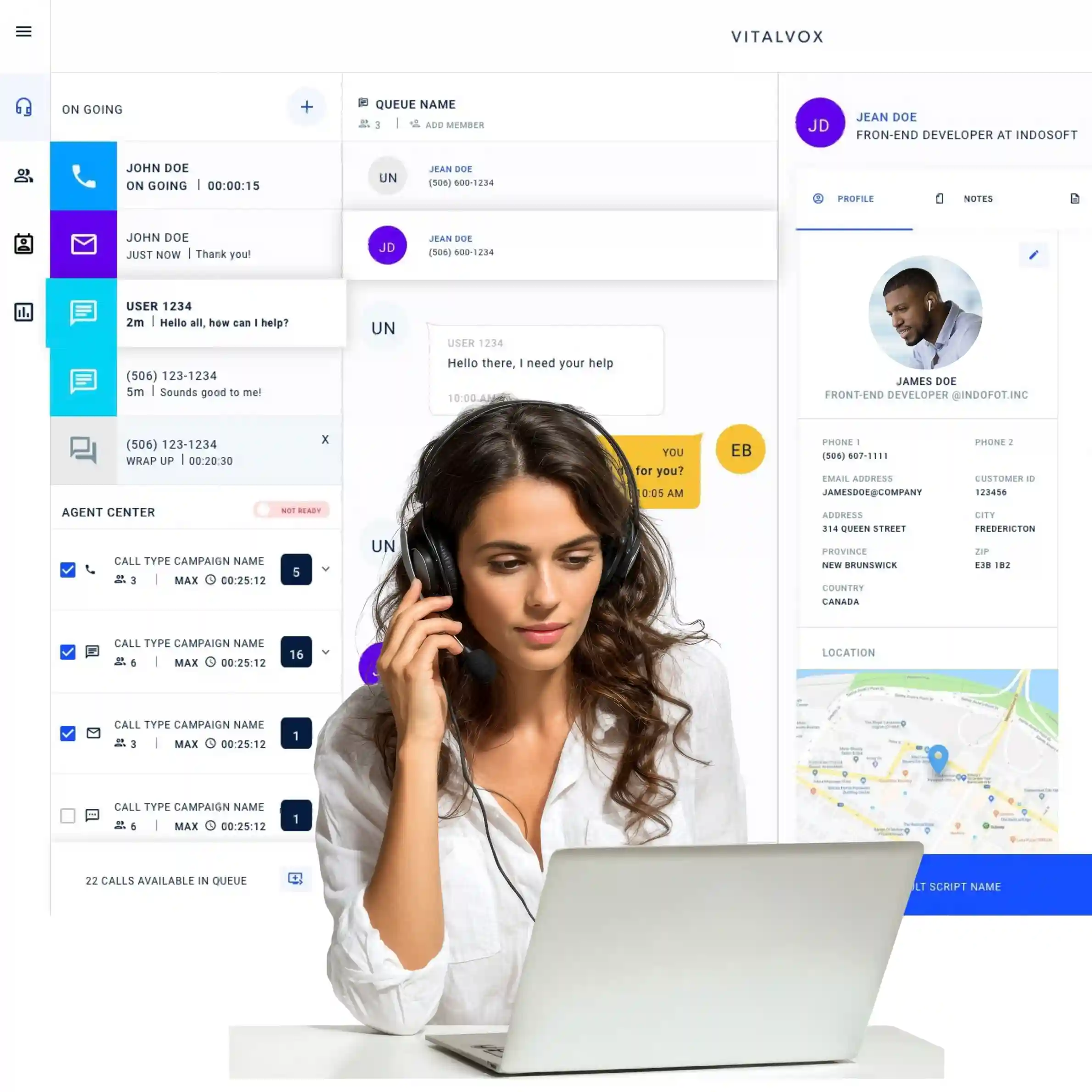 Indosoft agent responding to a customer with a dashboard displaying complete omnichannel history, including chat messages, SMS updates, and email records. Customer support agent using a tablet with Indosoft’s unified dashboard showing chat, SMS, and email history together for full customer context.