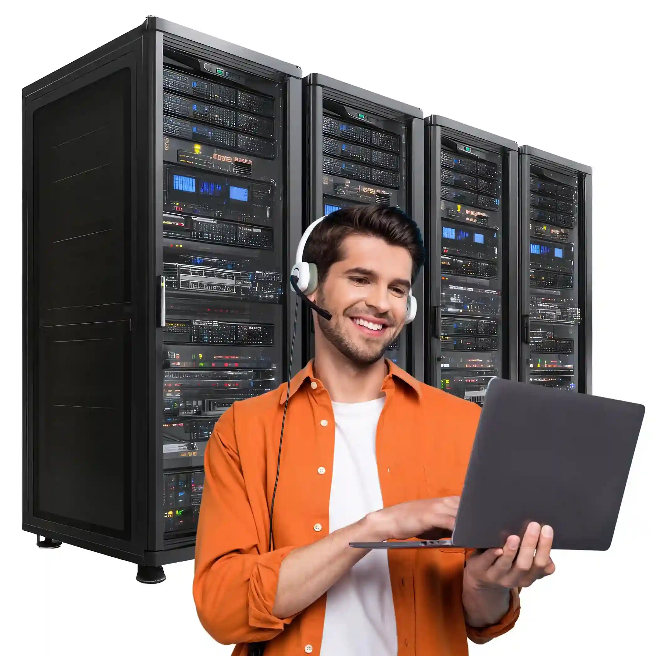 An IT professional monitors a scalable communication system using Asterisk’s open-source telephony platform inside a modern data center. Indosoft technician in a data center confirms that Asterisk easily supports rapid scaling and high-demand communication workloads.