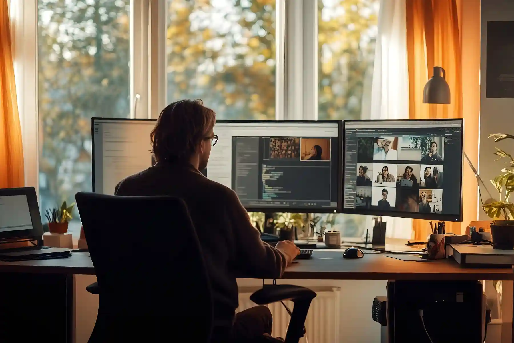 A remote educator leads an online class using Indosoft’s virtual learning features, enabling students and guest speakers to connect from anywhere in the world. A teacher attending a remote virtual class on dual monitors using Indosoft’s online learning tools to connect with students worldwide.