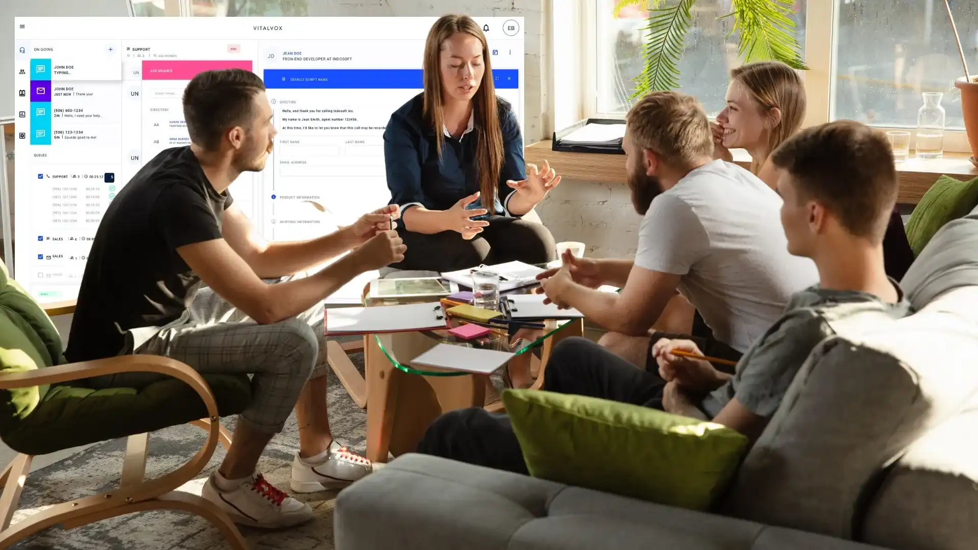 Team of young entrepreneurs having a meeting with an Indosoft consultant, discussing scalable AI-powered call and chat solutions for startups. A group of startup employees sitting together discussing communication challenges, while an Indosoft consultant explains AI-powered tools for scaling their business.
