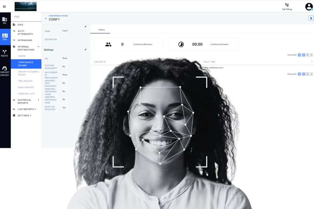 AI facial recognition overlay on a contact center agent alongside Q-Suite NG conference room management interface illustrating human and AI collaboration.
