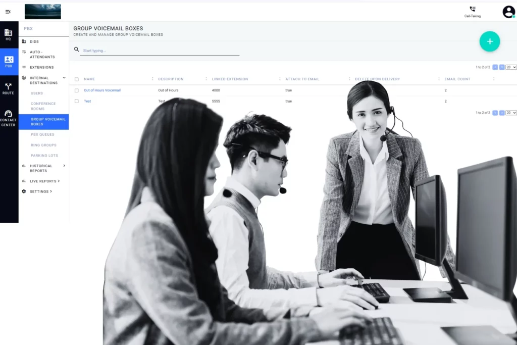 Contact center team managing group voicemail boxes in Q-Suite NG while agents handle customer interactions across cloud and on-premise environments.