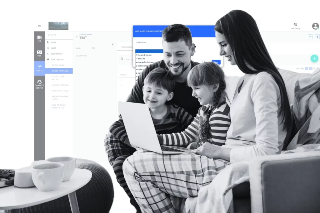 A family browses together on a laptop at home, while a Q-Suite NG contact center platform displays audio phrase and routing configurations in the background, illustrating how a well-designed contact center strategy delivers seamless support to every type of customer.