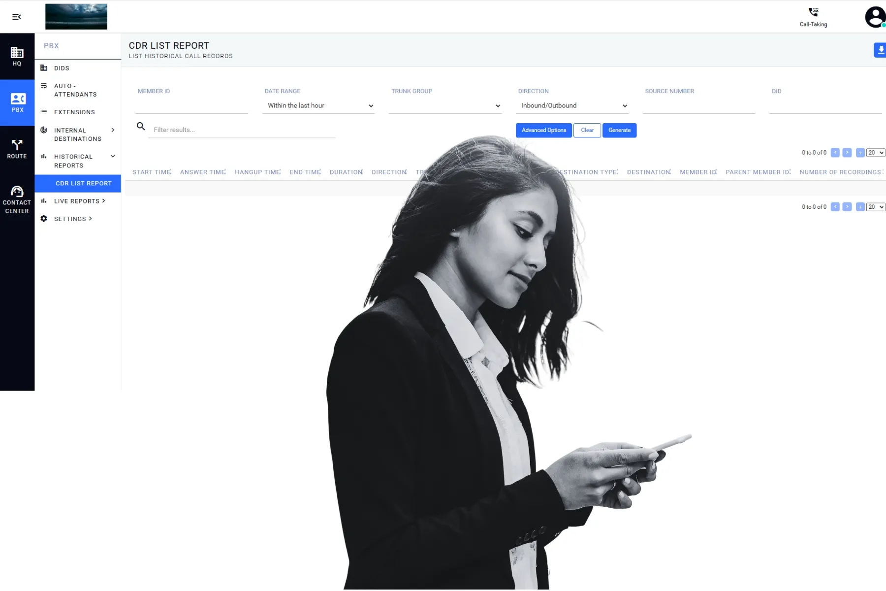 A contact center professional reviewing CDR List Report data in Q-Suite NG to measure first contact resolution rate performance.