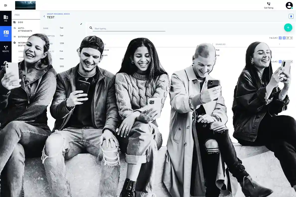 A diverse group of customers engaging on mobile devices alongside Q-Suite NG's group voicemail and PBX management interface.