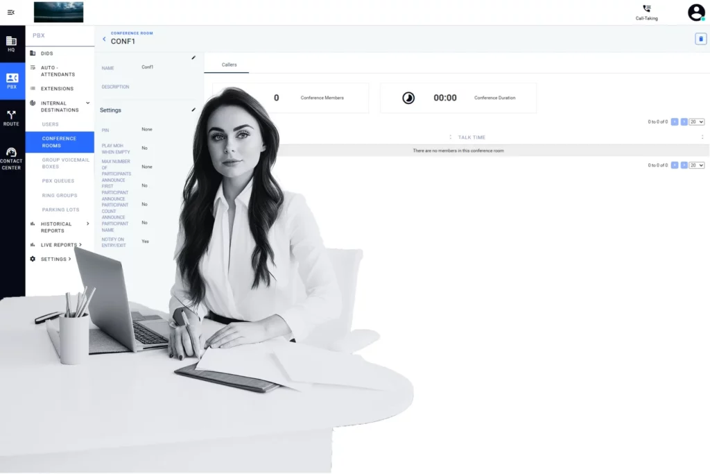 A contact center professional at a workstation alongside Q-Suite NG conference room settings representing generative AI support for agent productivity.
