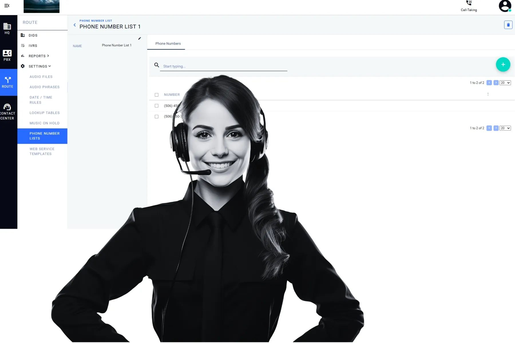 A confident contact center agent wearing a headset alongside Q-Suite NG phone number list routing interface supporting Asterisk CRM integration workflows.