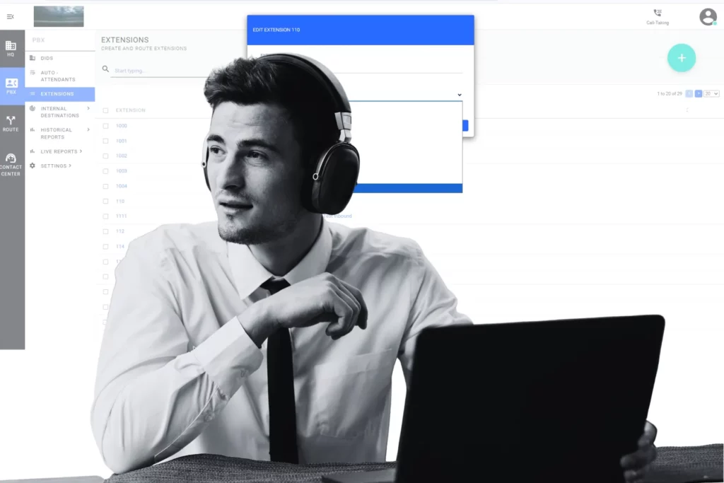 A contact center agent wearing a headset managing extension routing in Q-Suite NG to support omnichannel customer engagement across multiple channels.