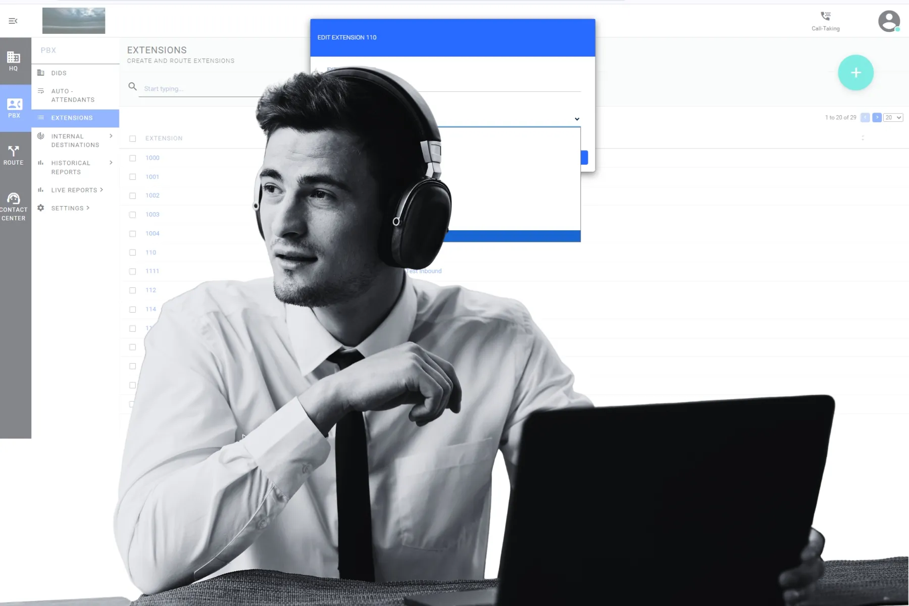 A contact center agent wearing a headset managing extension routing in Q-Suite NG to support omnichannel customer engagement across multiple channels.