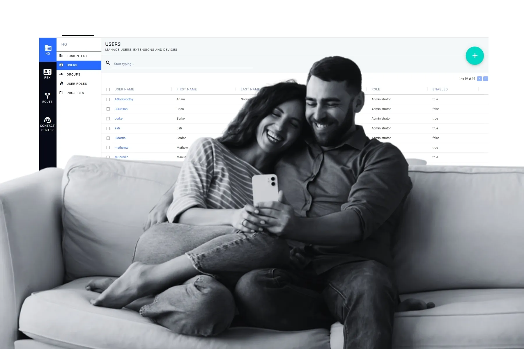 A couple relaxes together on a sofa browsing a smartphone, while a contact center platform displays a fully managed user directory with roles and extensions in the background, reflecting how intelligent automation scales customer satisfaction by keeping every team member organised and every interaction connected.