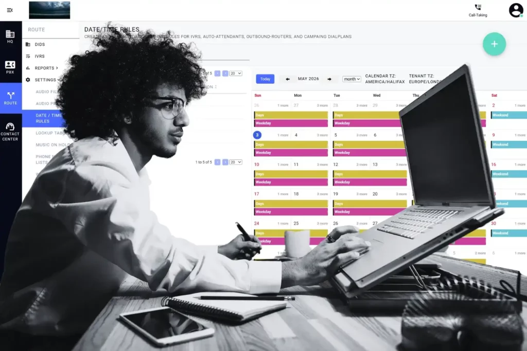 : Call center supervisor working on a laptop alongside Q Suite NG Route Date and Time Rules interface showing a monthly scheduling calendar with weekday and weekend rules for May 2026.