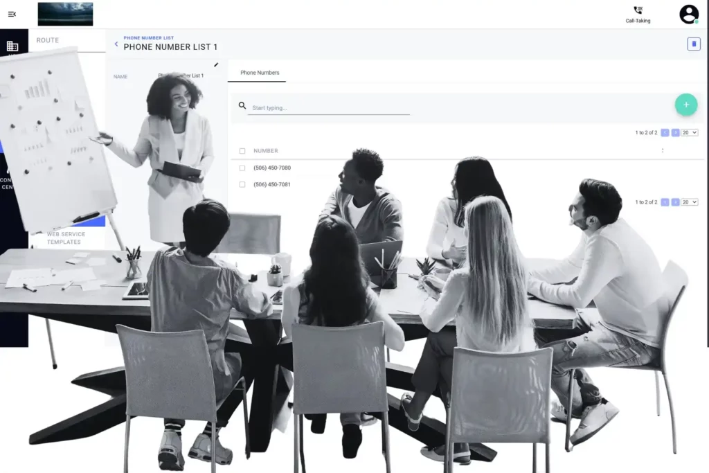 A contact center manager presenting Q-Suite NG phone number list configuration to a team during a call center software evaluation session.