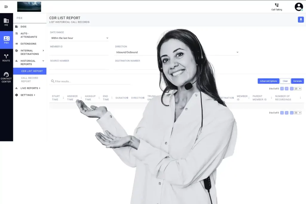 Female call center agent wearing a headset alongside Q Suite NG CDR List Report interface showing historical call records and inbound outbound filtering.