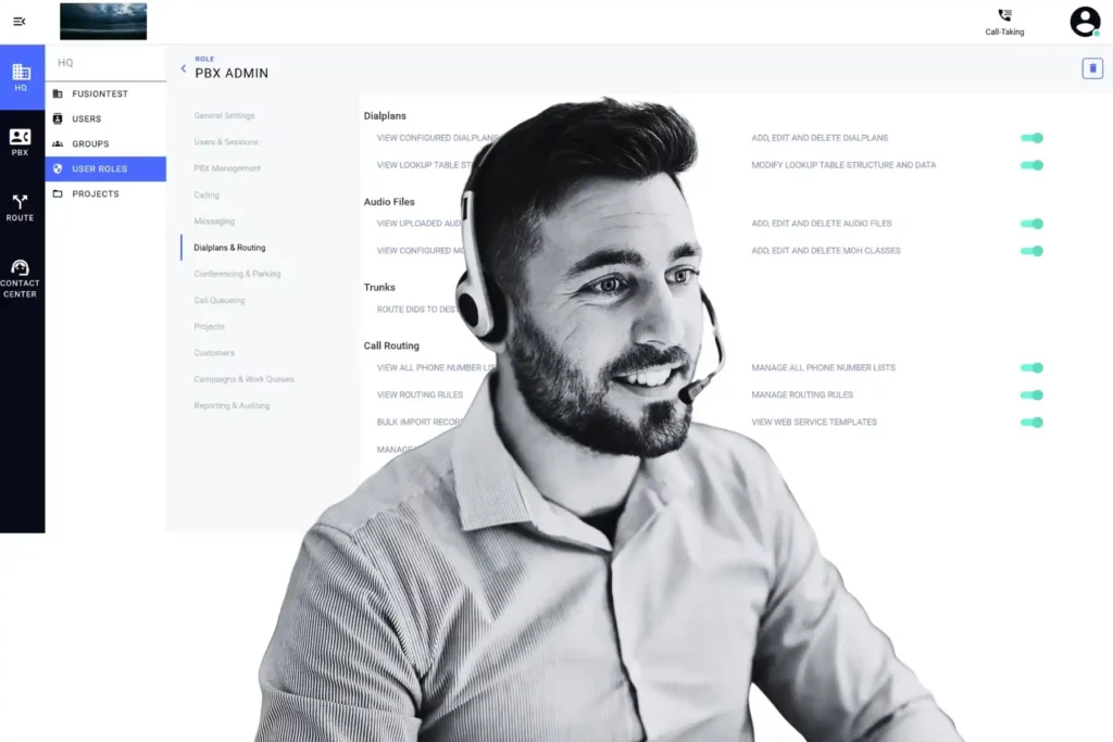 Contact center agent wearing a headset alongside Q Suite NG PBX admin interface showing dialplans and call routing configuration.